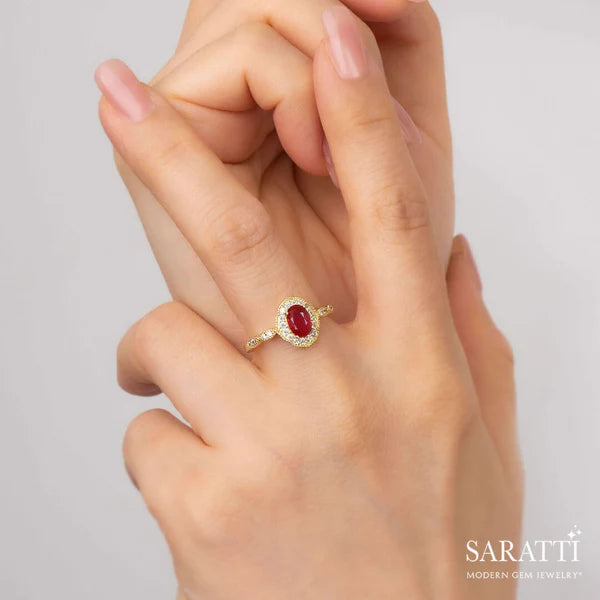 Oval Halo Prong Set Gold Ruby Ring with Diamonds