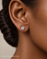 1.00 ct. tw. lab-grown round diamond studs in 14K white gold, deep skin on-ear model | SARATTI