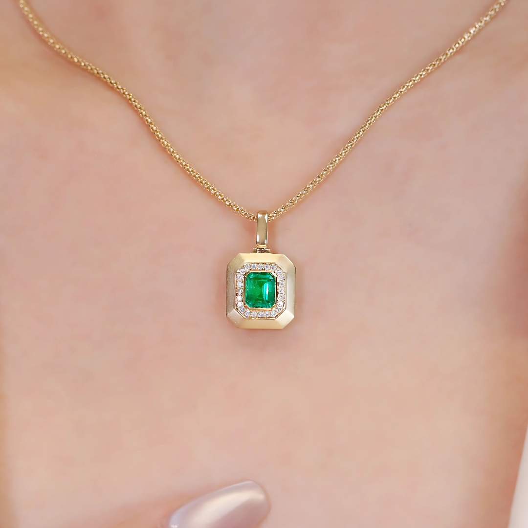Royal Prism: Natural Emerald Diamond Halo Pendant in 18K Yellow Gold