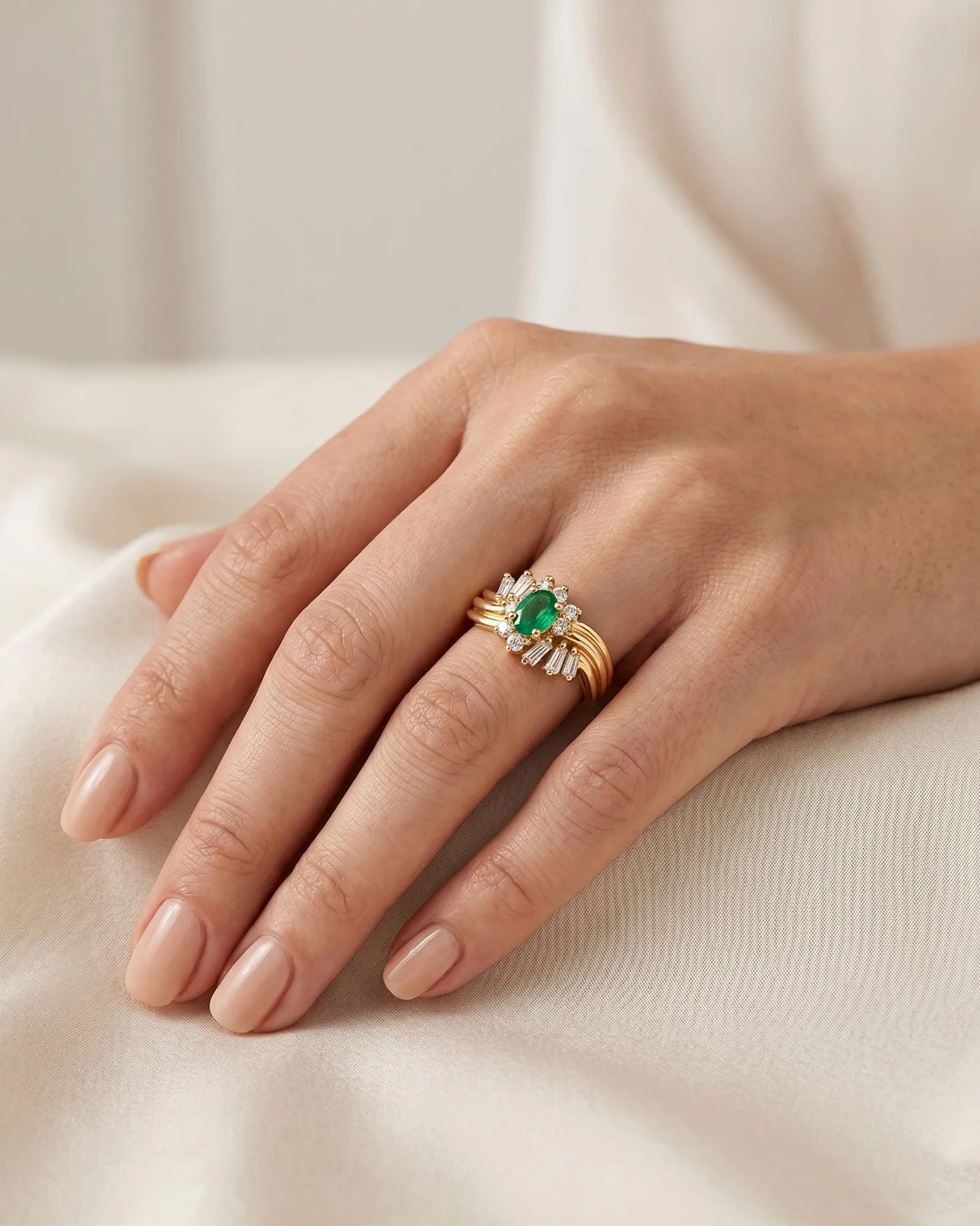 0.50 carat natural emerald statement ring with diamond accents in 18K yellow gold | SARATTI
