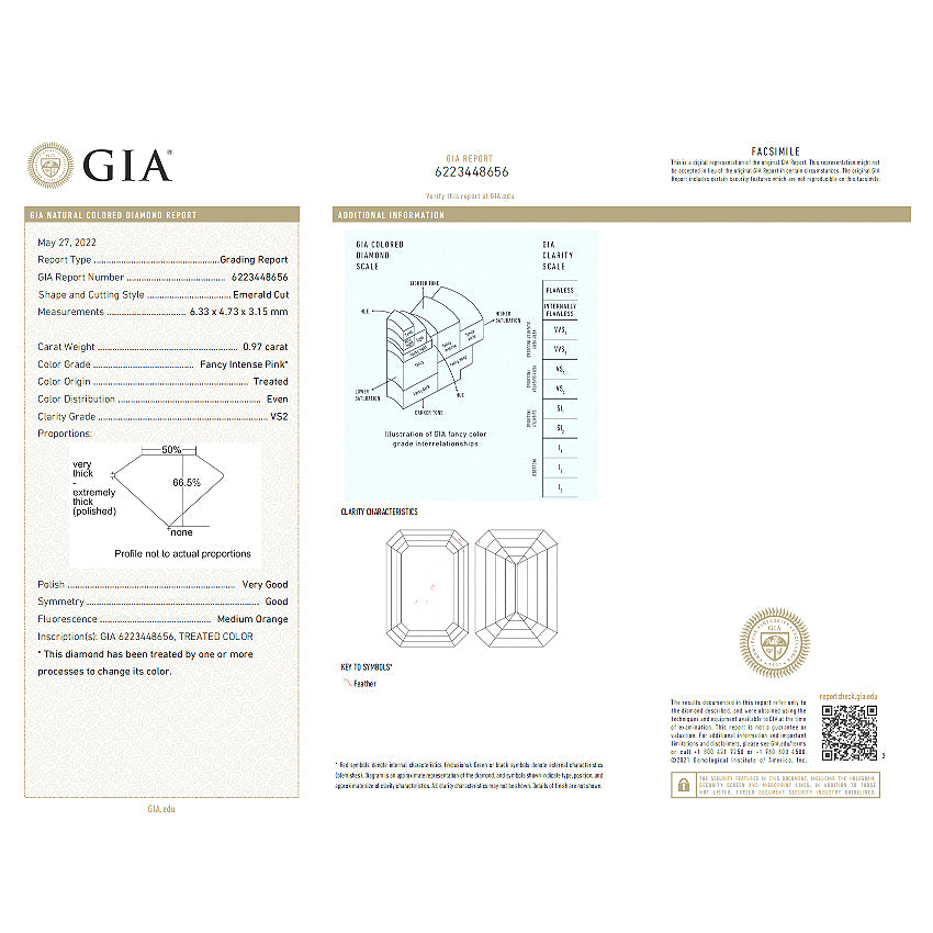 0.97 carats Emerald Cut Fancy Intense Pink Natural Diamond (Treated)