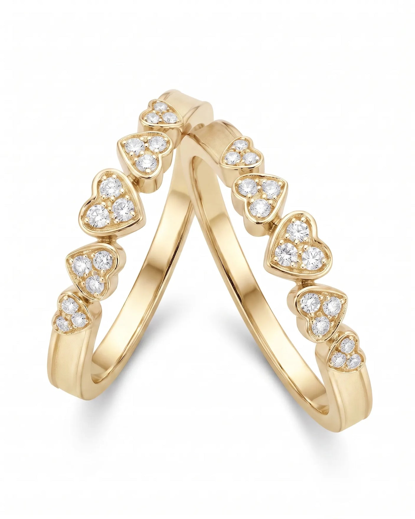 Five Heart Diamond Eternity Wedding Bands — 18K & 14K Yellow Gold — Couple Set