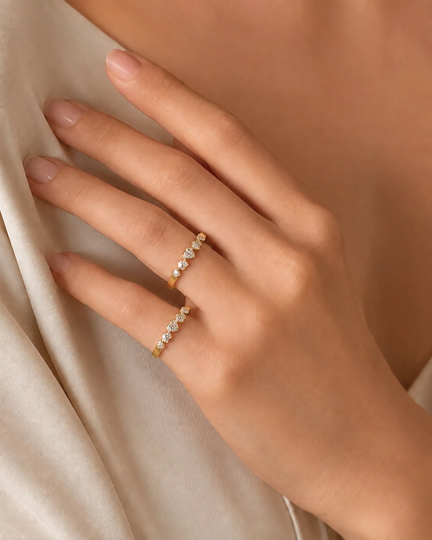Five Heart Diamond Eternity Wedding Bands — 18K & 14K Yellow Gold — On Model