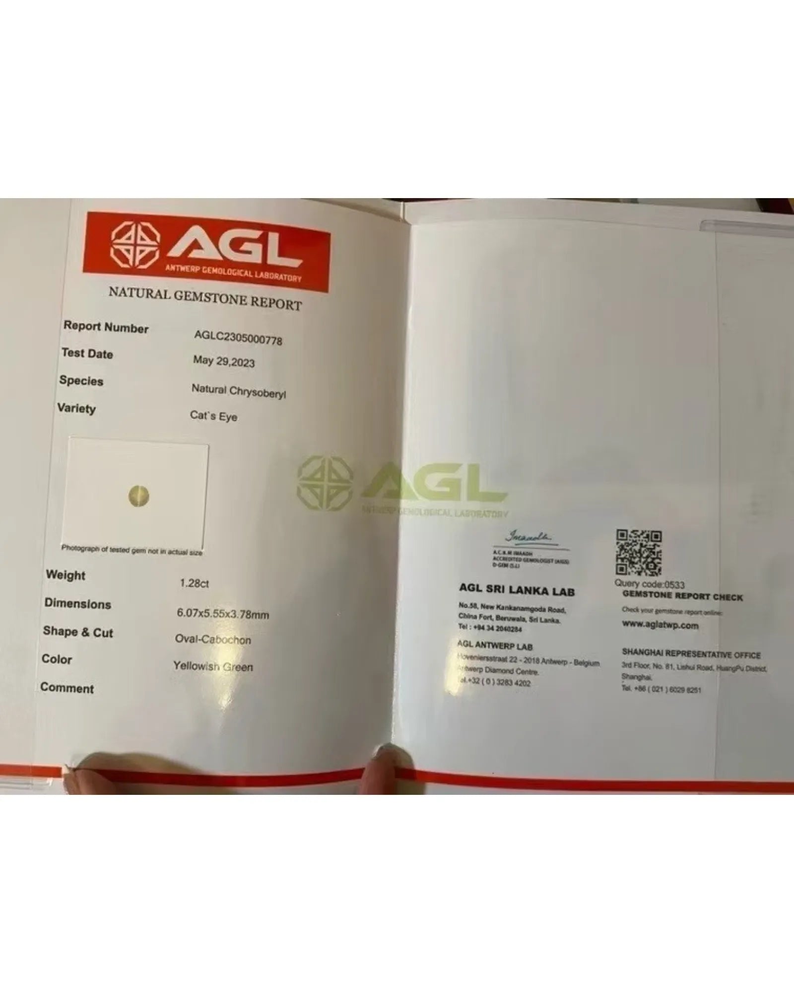 AGL report AGLC2305000778 for 1.28 carat natural Cat's Eye Chrysoberyl