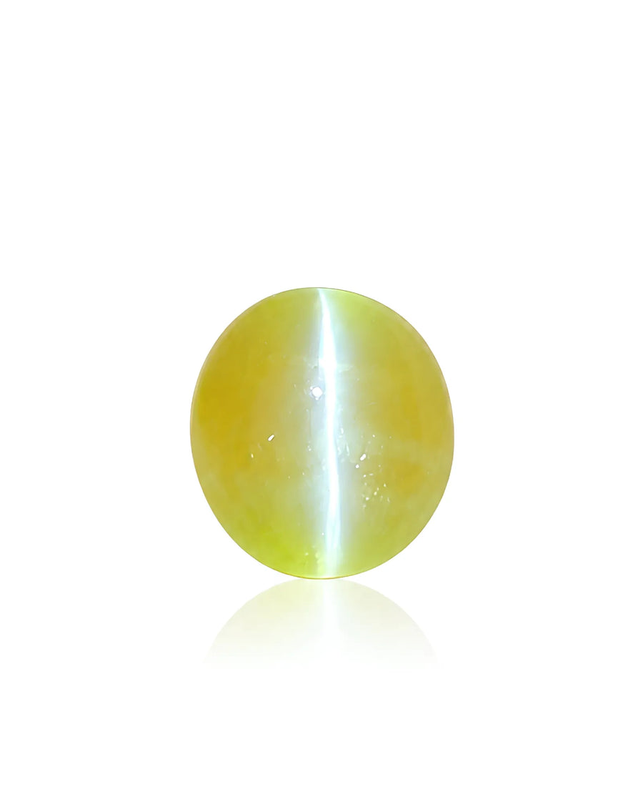 1.28 carat natural Yellowish Green Cat's-Eye Chrysoberyl oval cabochon showing a bright chatoyant band on fingertips
