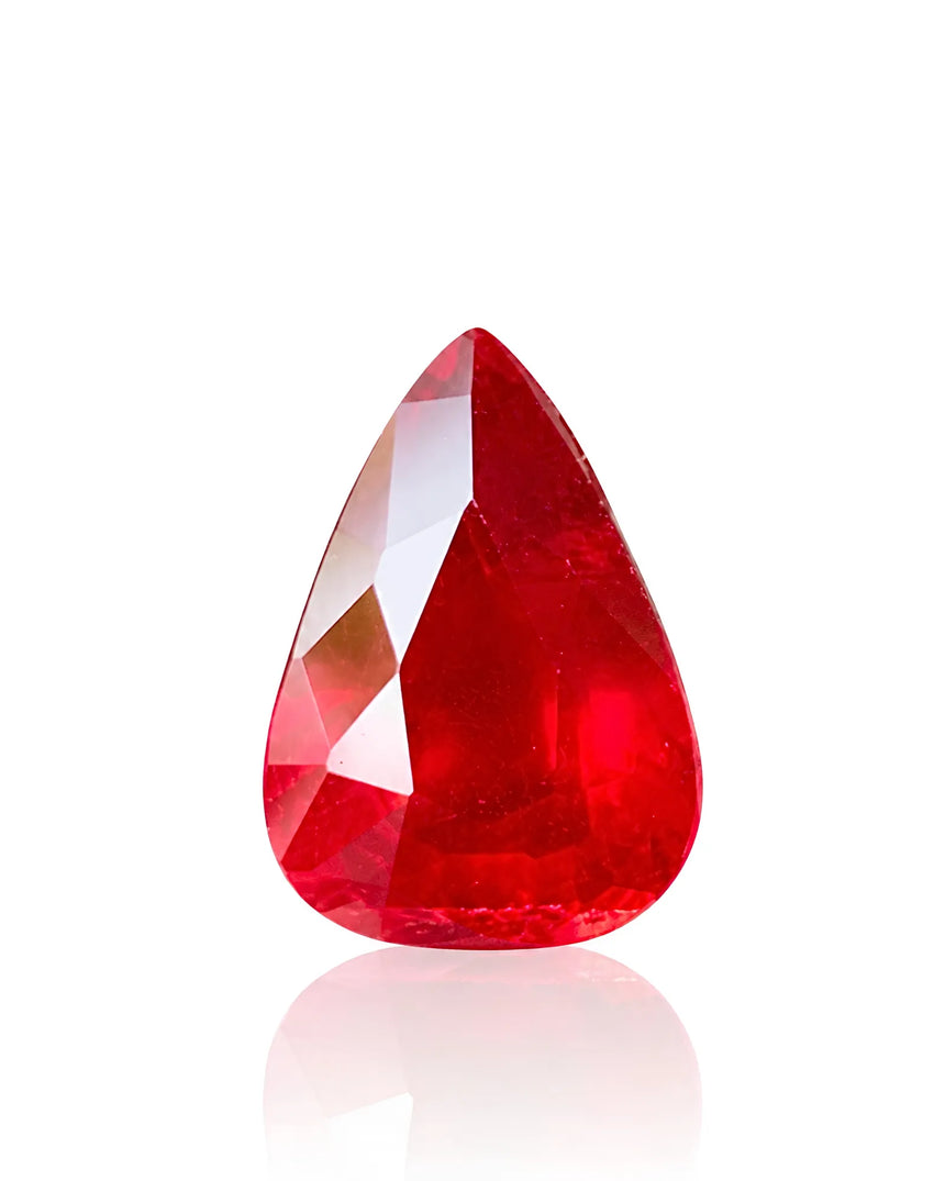 1.01 CTS Natural vivid red Ruby in a pear shape showing saturated red colour and elongated proportions | SARATTI