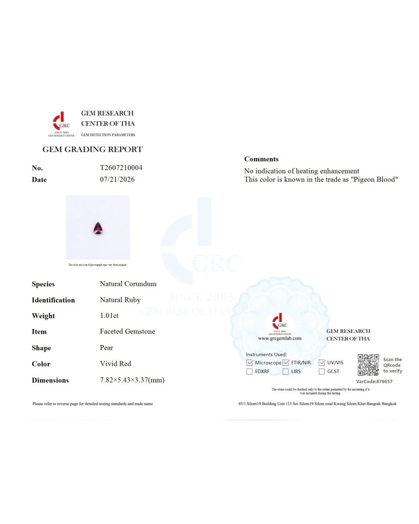 1.01 CTS Unheated Natural Pigeon Blood Ruby Pear | SARATTI