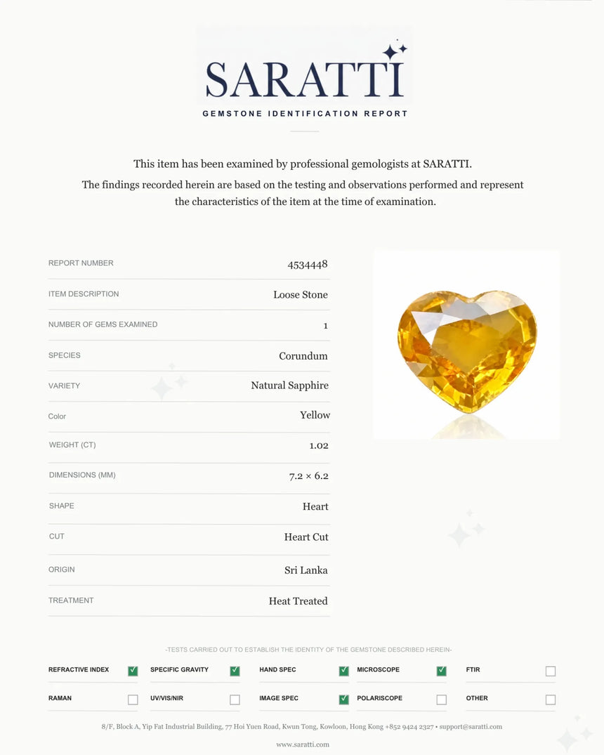 1.02 carats Natural Sri Lankan Yellow Sapphire | Heart Cut