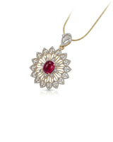 1.13ct cabochon ruby pendant with diamond accents and delicate 18K two tone gold framework | SARATTI