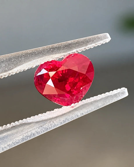 Loose 1.15 CTS Natural Burmese Ruby heart centre stone photographed in detailed close view | SARATTI