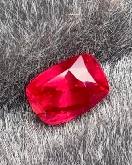 1.20 CTS Natural vivid to intense red Ruby cushion with modified brilliant facets and crystal detail | SARATTI