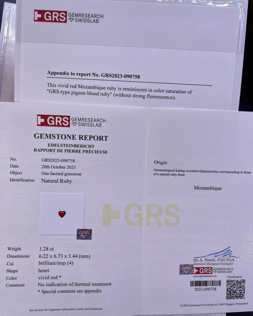 GRS report for 1.28 CTS Natural Mozambique Ruby showing vivid red colour and no thermal treatment | SARATTI