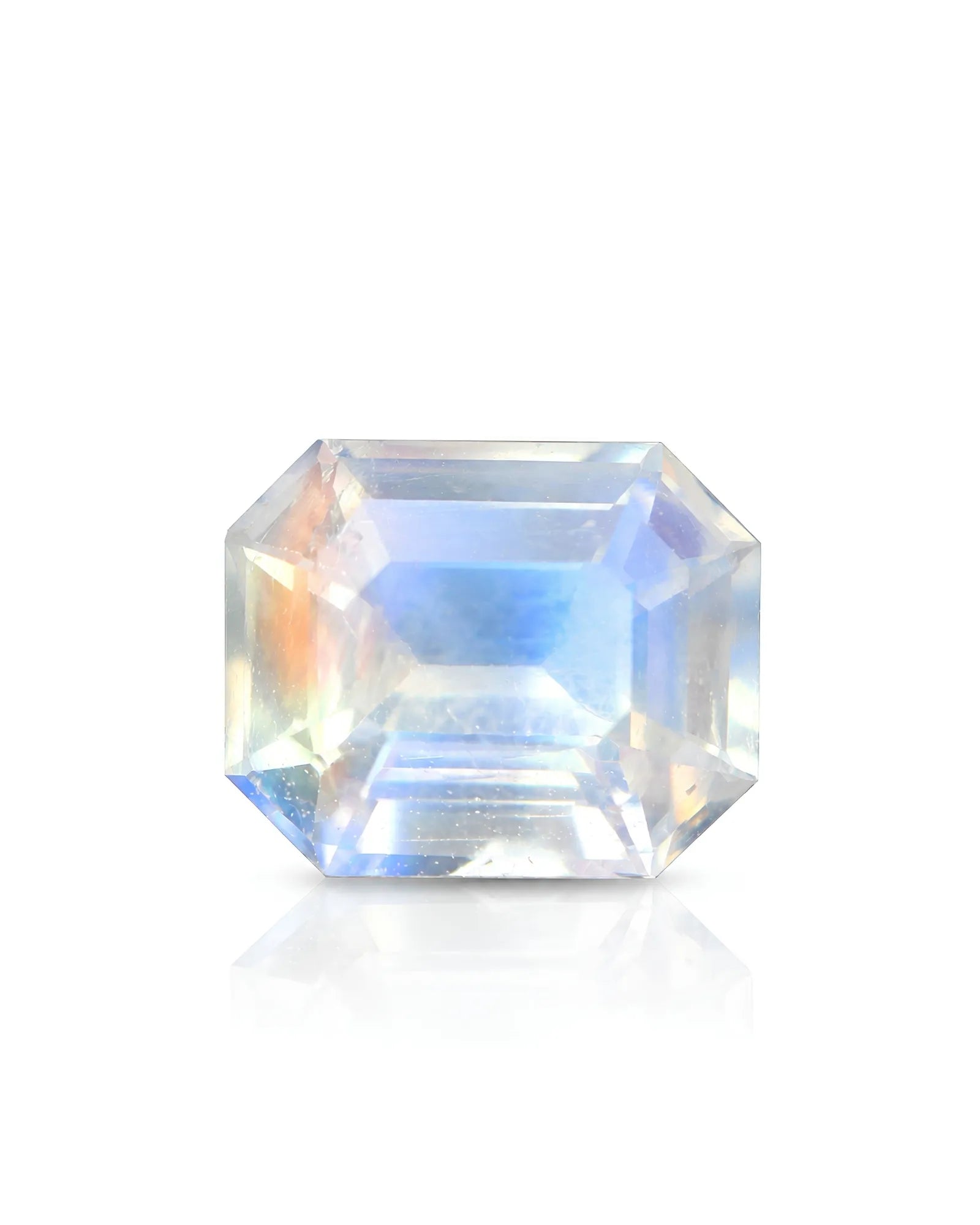 Natural Moonstone octagonal step cut front view showing cool blue-green central colour and warm edge reflections | SARATTI