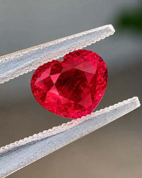 Natural 1.50 CTS Burmese Pigeon Blood Red Ruby heart gemstone shown from an alternate angle | SARATTI