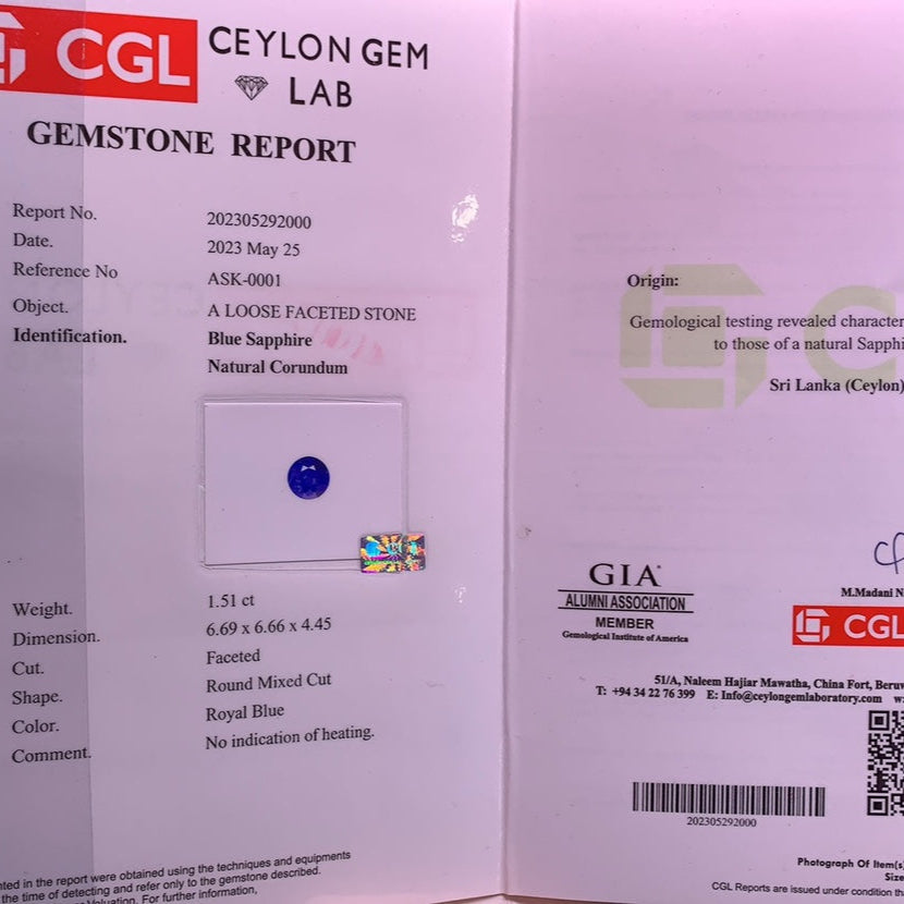 1.51-carat Royal Blue Ceylon Round Sapphire | CGL Certified | Unheated