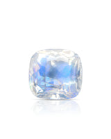 Natural Rainbow Moonstone cushion front view on white showing broad blue-dominant sheen across the faceted stone | SARATTI