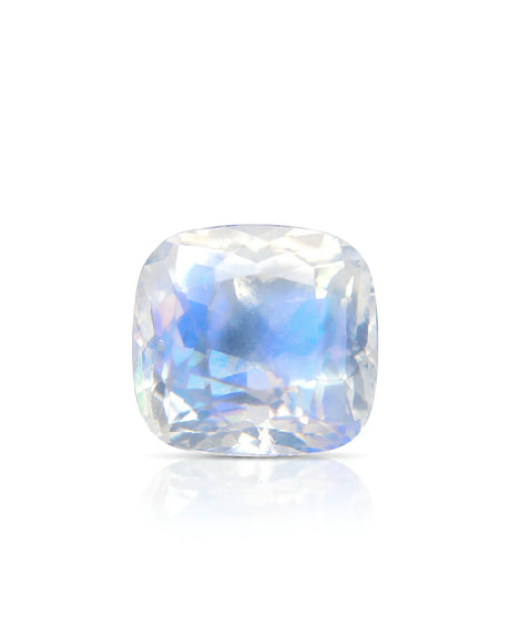Natural Rainbow Moonstone cushion front view on white showing broad blue-dominant sheen across the faceted stone | SARATTI