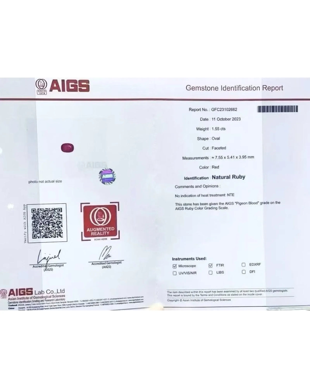 1.55 CTS Unheated Natural Pigeon Blood Ruby Oval | SARATTI