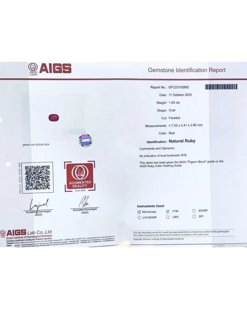 1.55 CTS Unheated Natural Pigeon Blood Ruby Oval | SARATTI