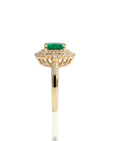 1.5 carat natural emerald ring with diamond halo and pavé band in yellow gold | SARATTI