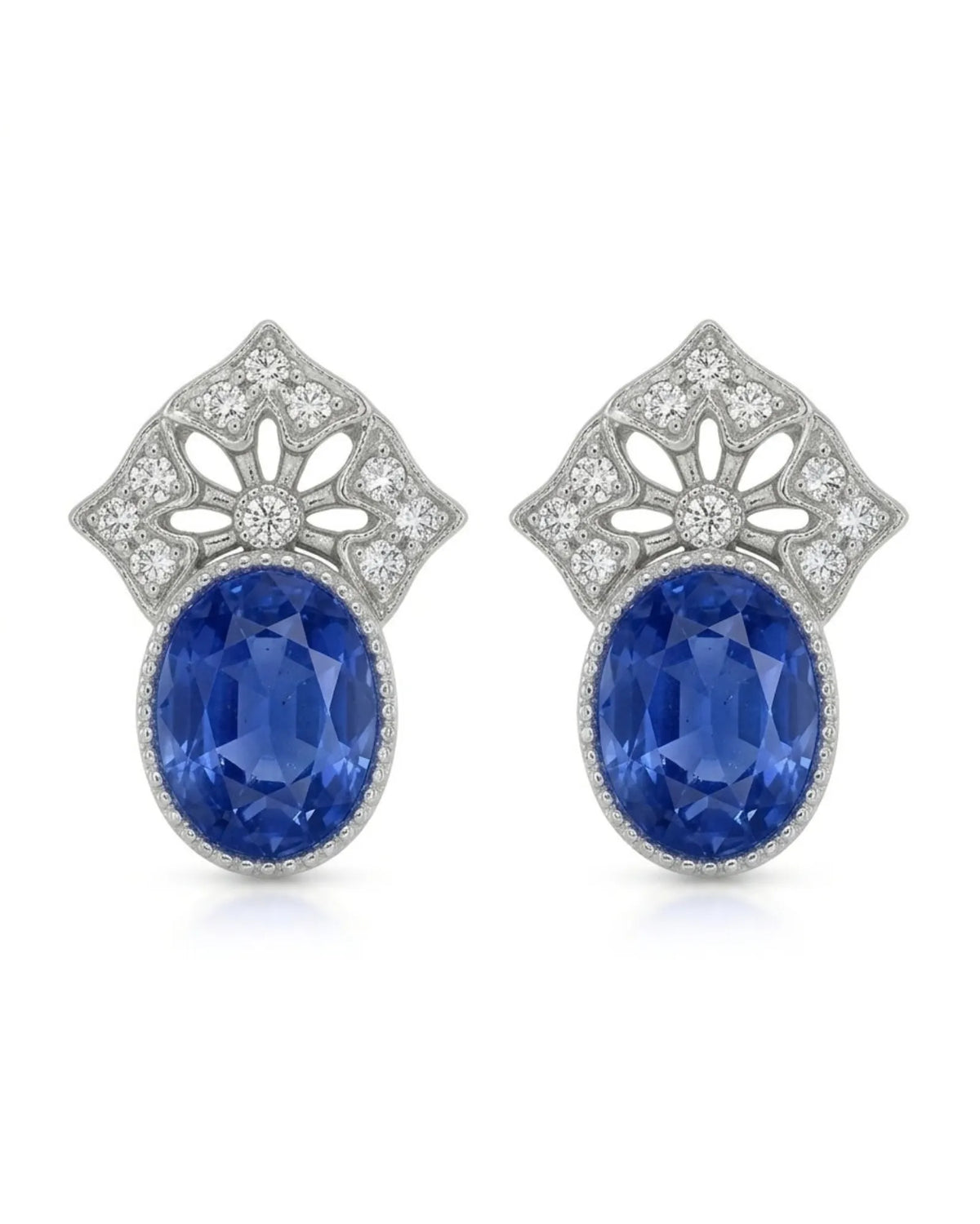 1.90ct oval sapphire stud earrings with 0.09ct diamonds in refined 18K white gold | SARATTI