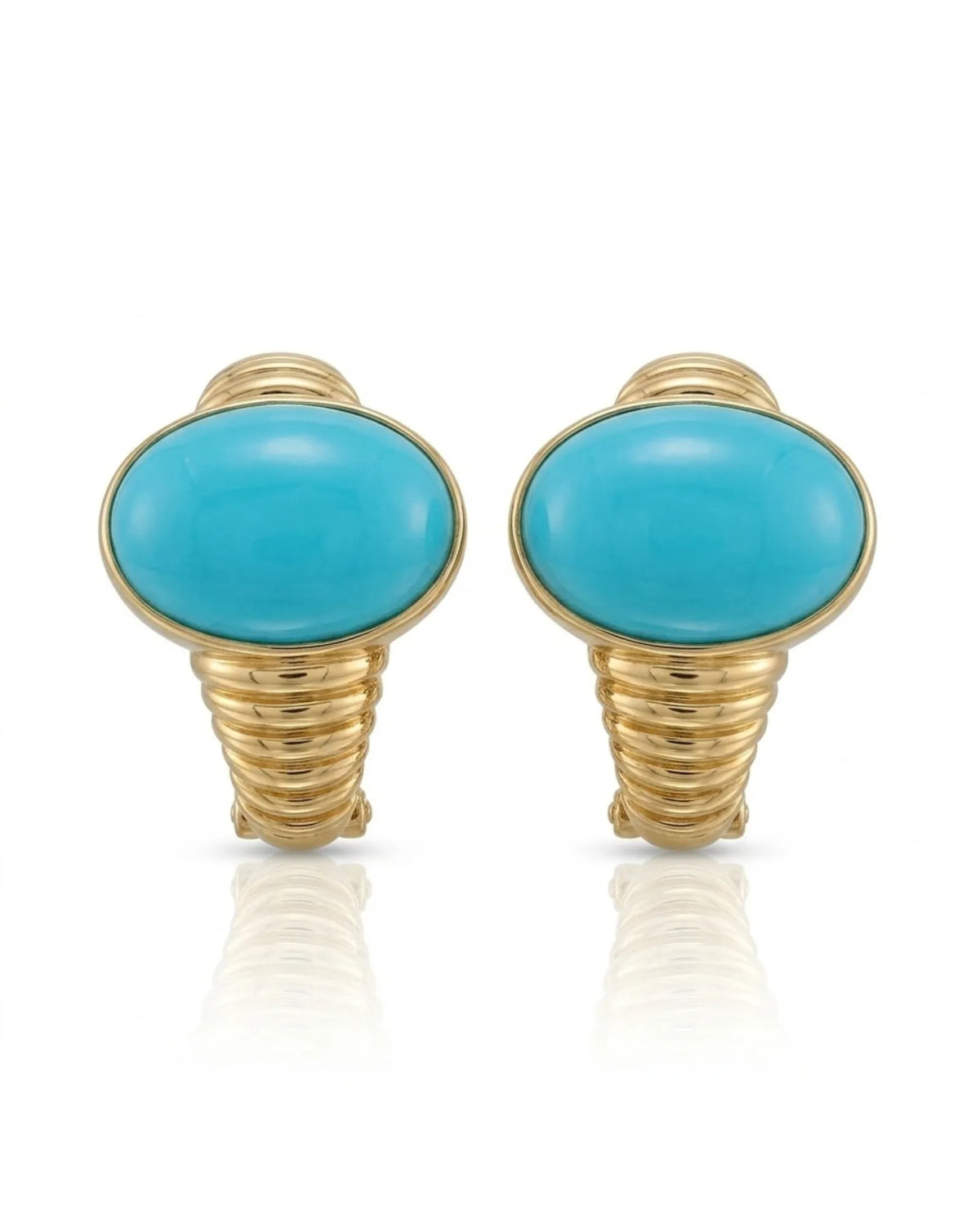 10.42ct Sleeping Beauty turquoise clip-on earrings with smooth oval stones in 18K yellow gold | SARATTI