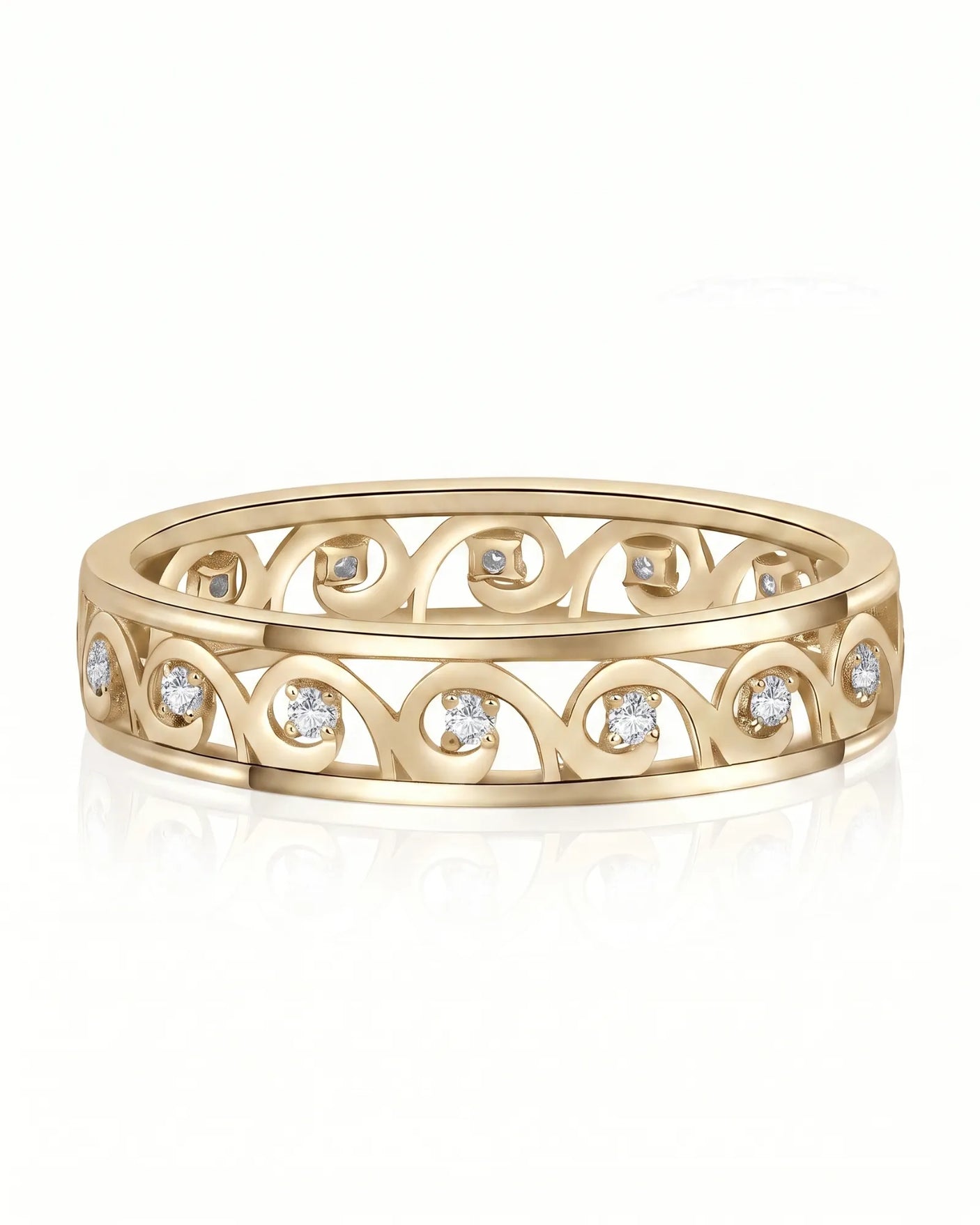 Art Nouveu Wedding Band with Diamonds Yellow Gold