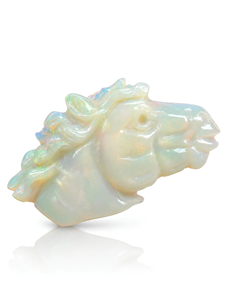 12.9ct Natural Ethiopian White Opal carved horse head front view | SARATTI