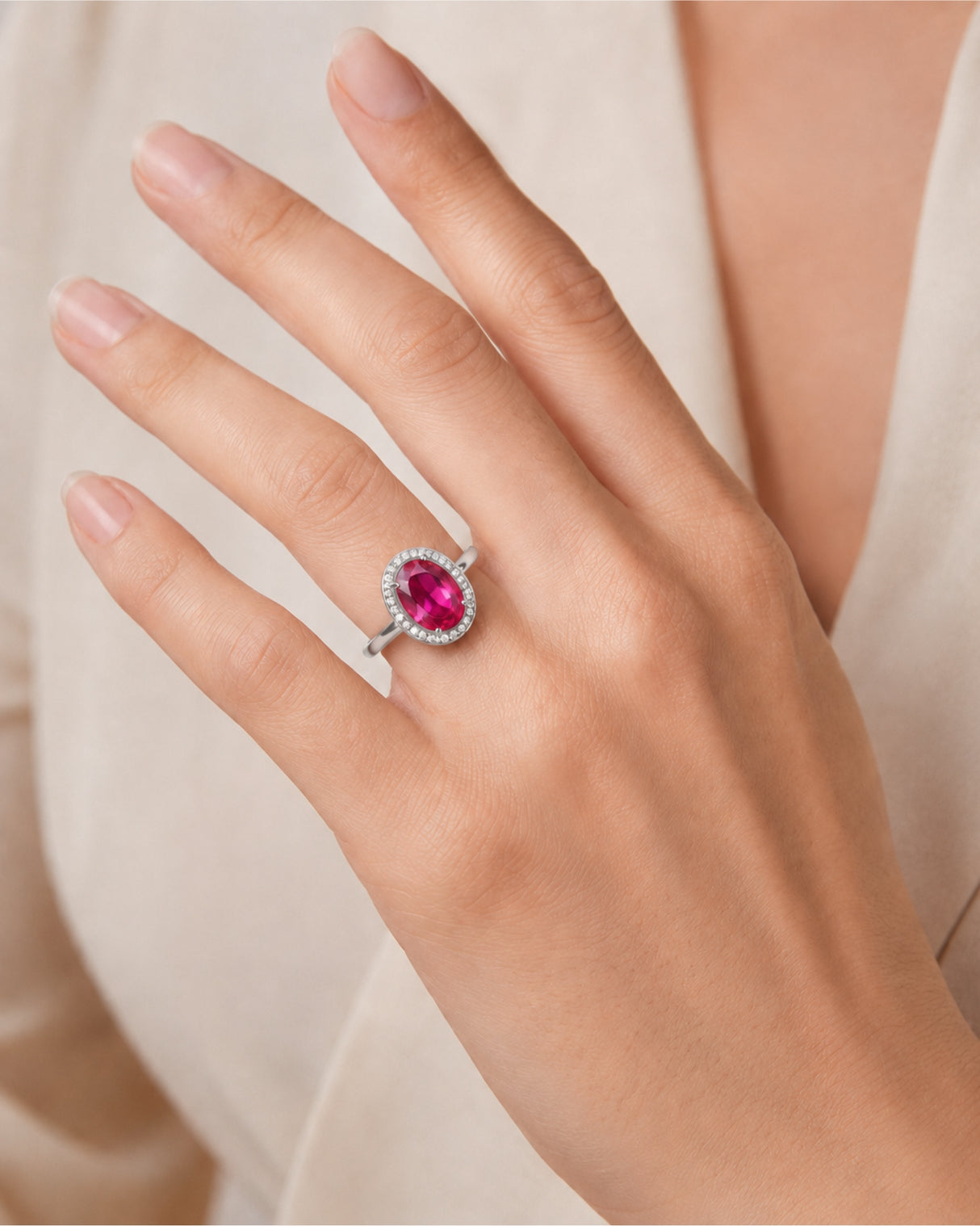 Rosalia – Oval Rubellite Tourmaline Halo Ring