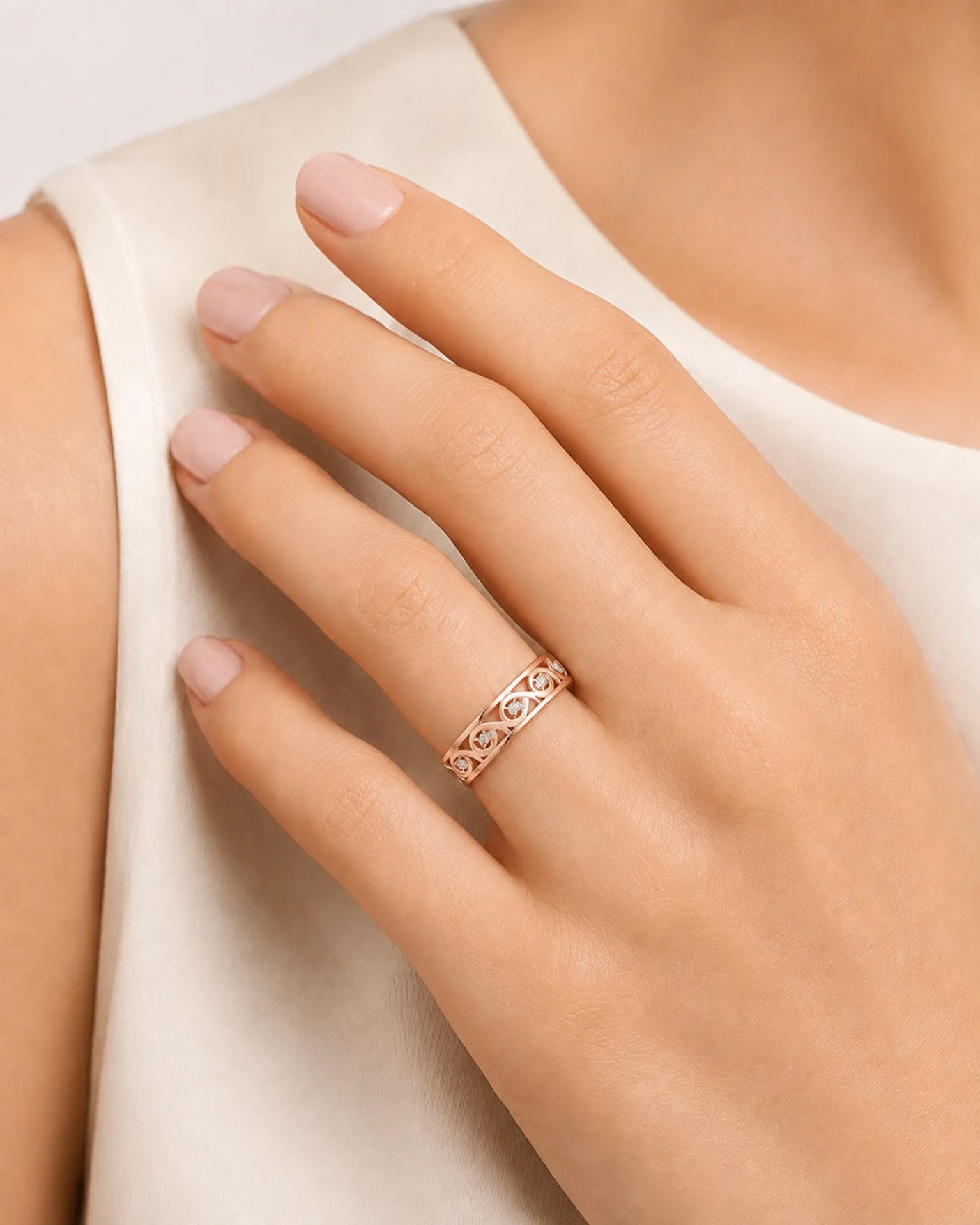 Art Nouveu Wedding Band with Diamonds Yellow Gold
