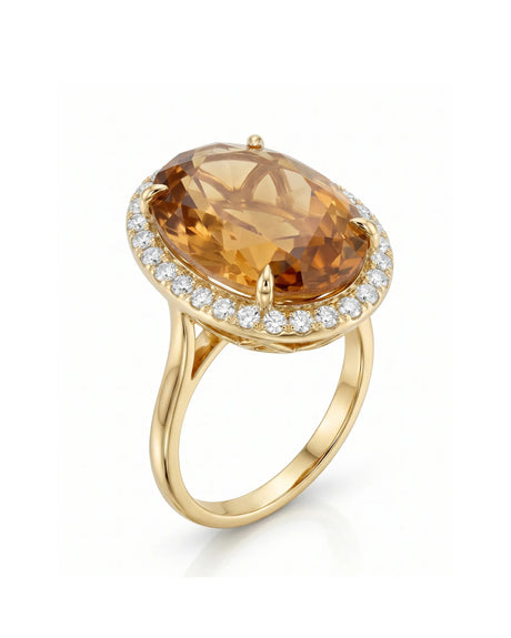 13.40 carat Natural Imperial Topaz oval halo ring yellow gold | SARATTI