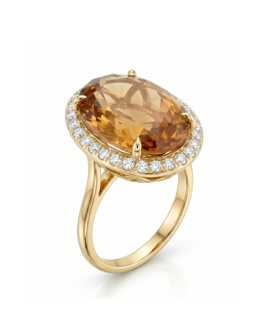 13.40 carat Natural Imperial Topaz oval halo ring yellow gold | SARATTI