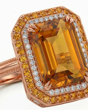 Rose gold Imperial Topaz halo setting with orange sapphire accents | SARATTI