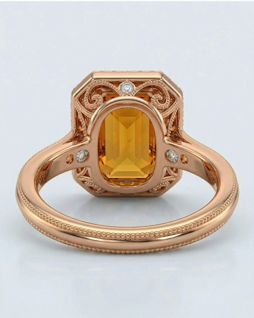 Side view emerald cut Imperial Topaz halo setting in rose gold | SARATTI