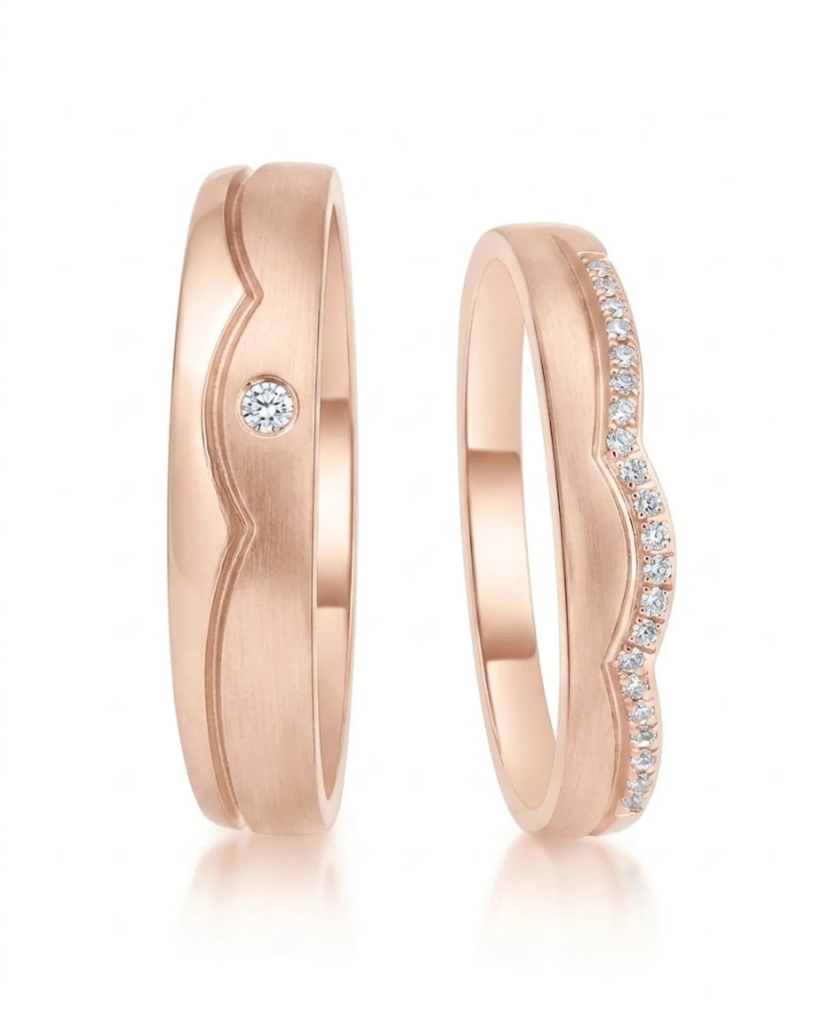 18K rose gold diamond wedding set featuring elegant half eternity detailing and coordinated band styling - SARATTI