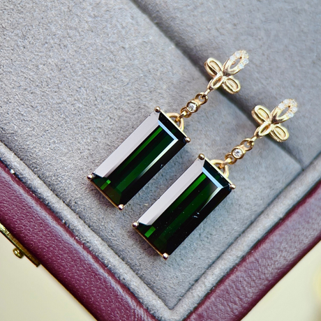 Natural Green Tourmaline Drop Earrings with Diamonds