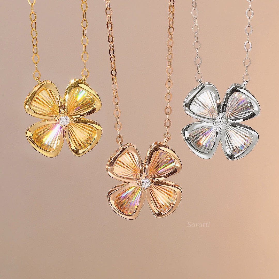 18K Yellow, White and Rose Gold Four Leaf Good Luck Diamond Drop Necklace | Saratti