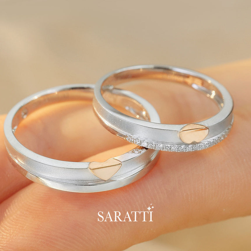 Two-Tone Heart Shape Diamond Wedding Rings For Him & Hers | Saratti Jewelry Wedding Bands Collection | Saratti