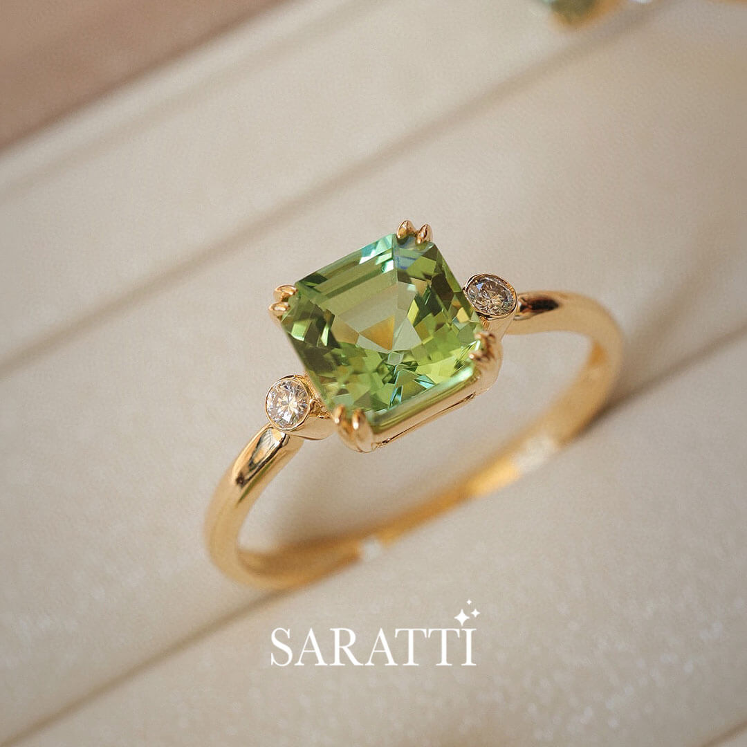 Three Stone Perspective | Escalera Verde Three Stone Tourmaline and Diamond Ring | Saratti Fine Jewelry 