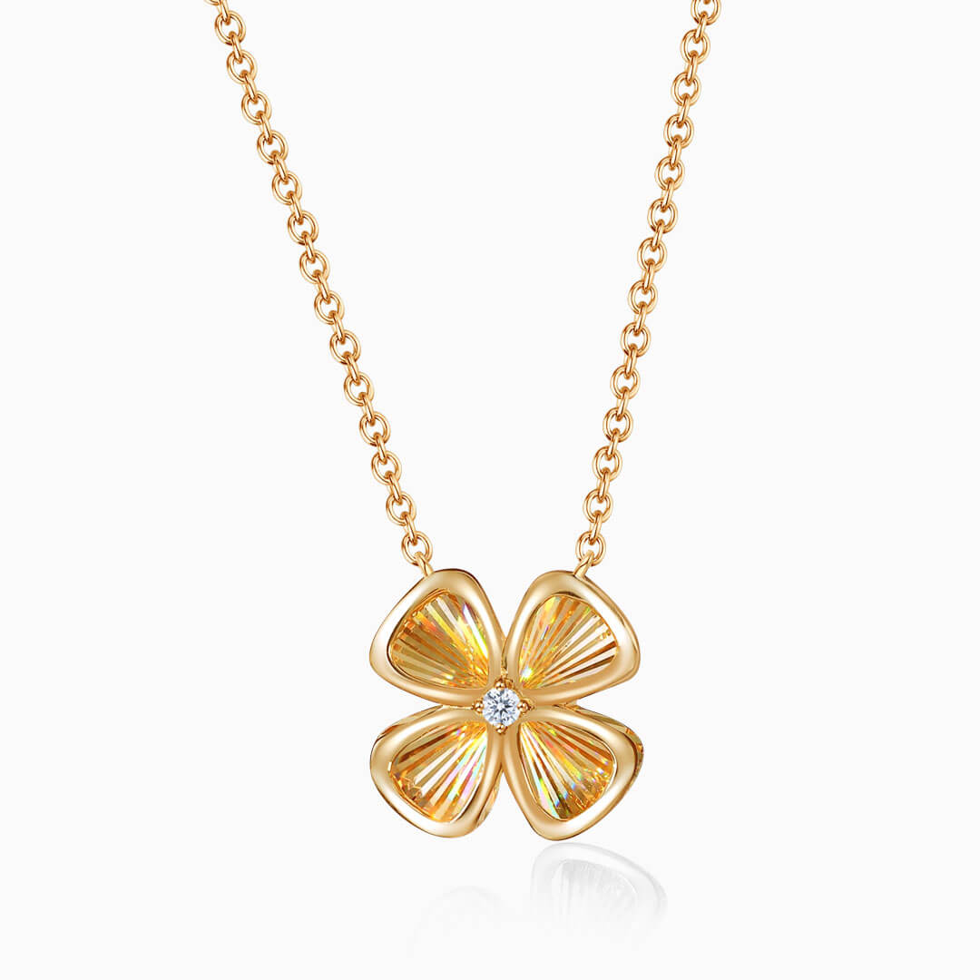 18K Yellow Gold Four Leaf Good Luck Diamond Drop Necklace | Saratti