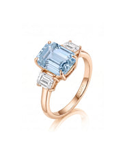 Emerald cut Natural Aquamarine three stone ring setting in 18K Rose Gold with diamonds | SARATTI
