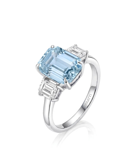 Emerald cut Natural Aquamarine three stone ring setting in 18K White Gold with diamond side stones | SARATTI