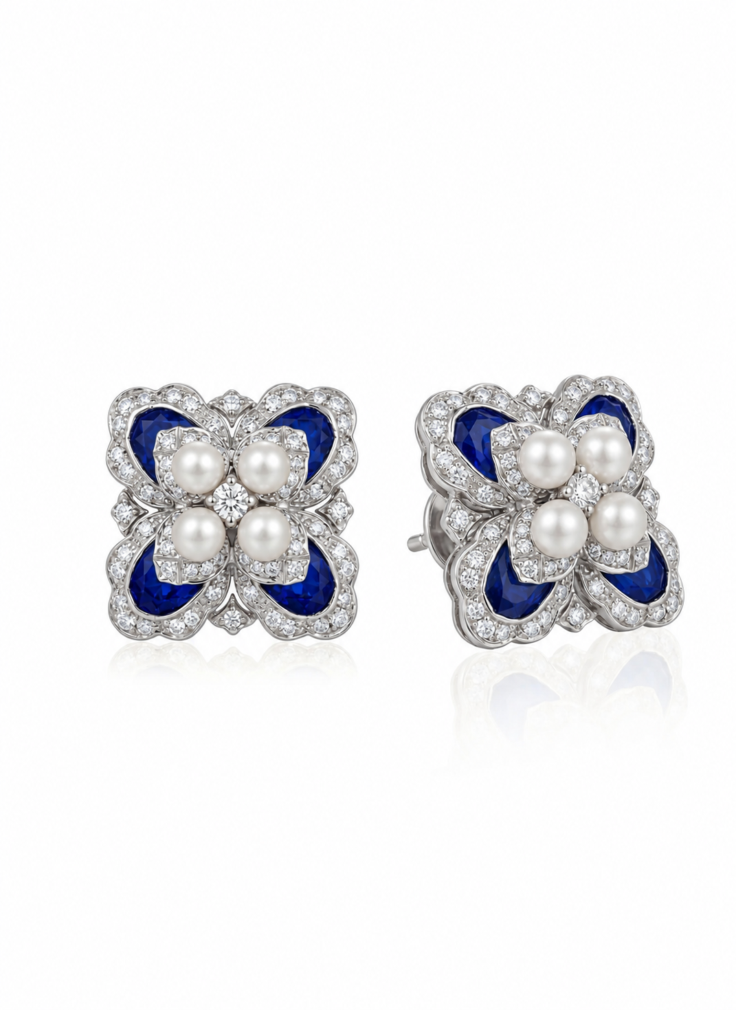 18K white gold natural blue sapphire Akoya pearl diamond floral stud earrings | SARATTI