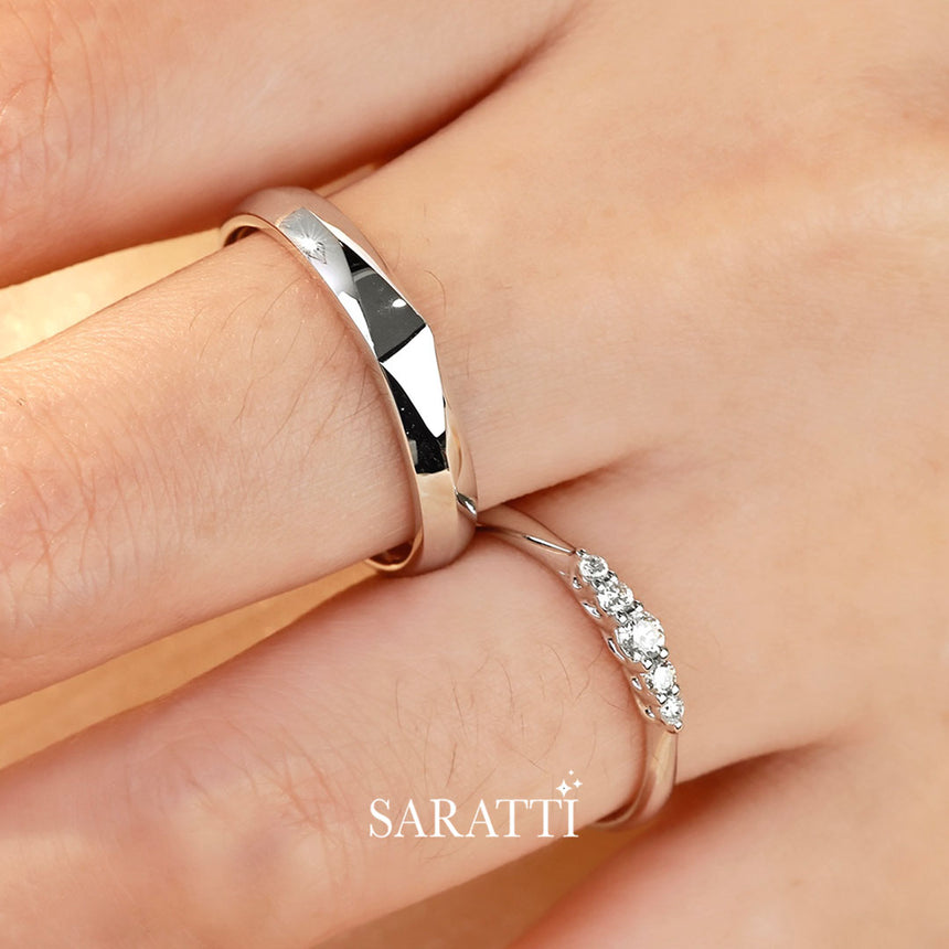 18K White gold wedding bands with sparkling diamond details | Saratti