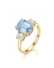 Emerald cut Natural Aquamarine three stone ring setting in 18K Yellow Gold with diamonds | SARATTI