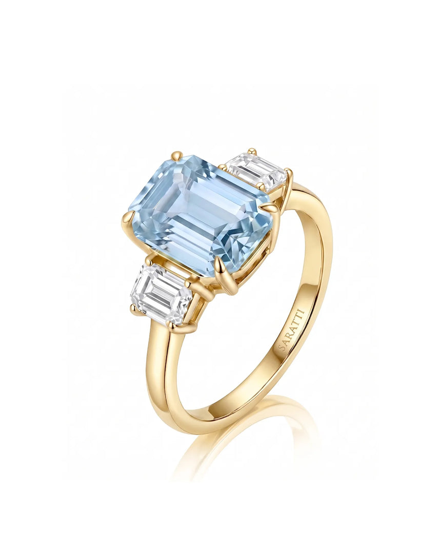 Emerald cut Natural Aquamarine three stone ring setting in 18K Yellow Gold with diamonds | SARATTI