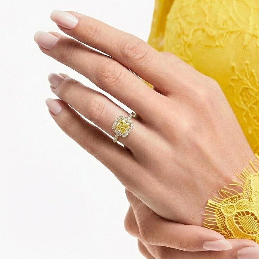 18K Yellow Gold Fancy Yellow Diamond Ring on Model with Yellow Dress - SARATTI
