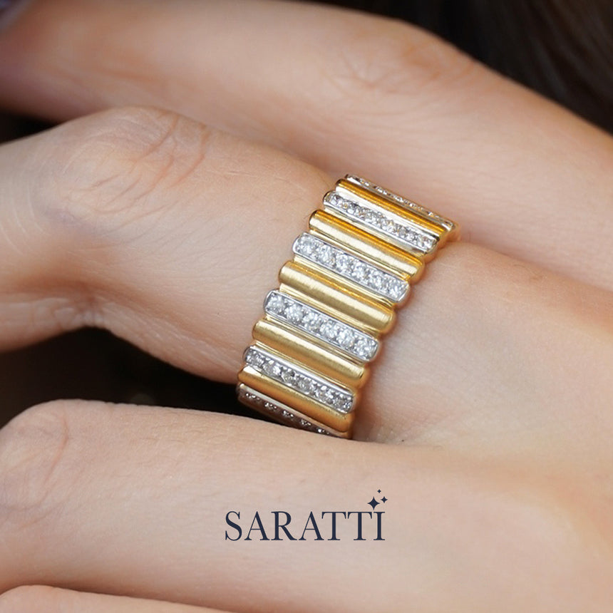 18K gold ribbed texture ring with diamond bar accent, architectural-inspired jewelry | SARATTI