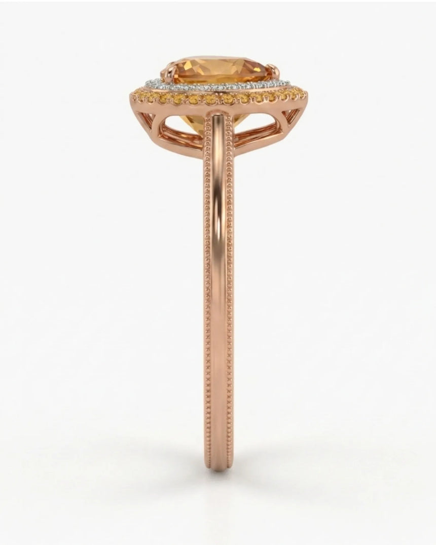 18K rose gold Imperial Topaz setting with romantic orange sapphire halo | SARATTI