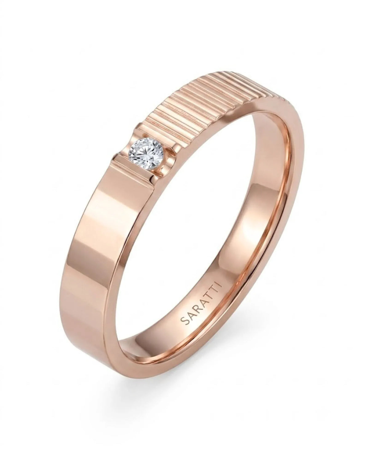 18K rose gold couple wedding rings featuring natural diamonds and a refined prism-inspired design | SARATTI